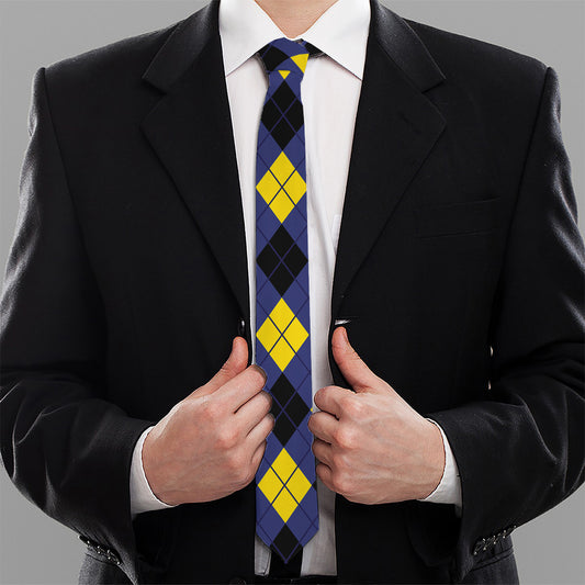 Blue Black And Yellow Argyle Print Necktie