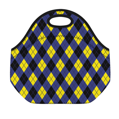 Blue Black And Yellow Argyle Print Neoprene Lunch Bag