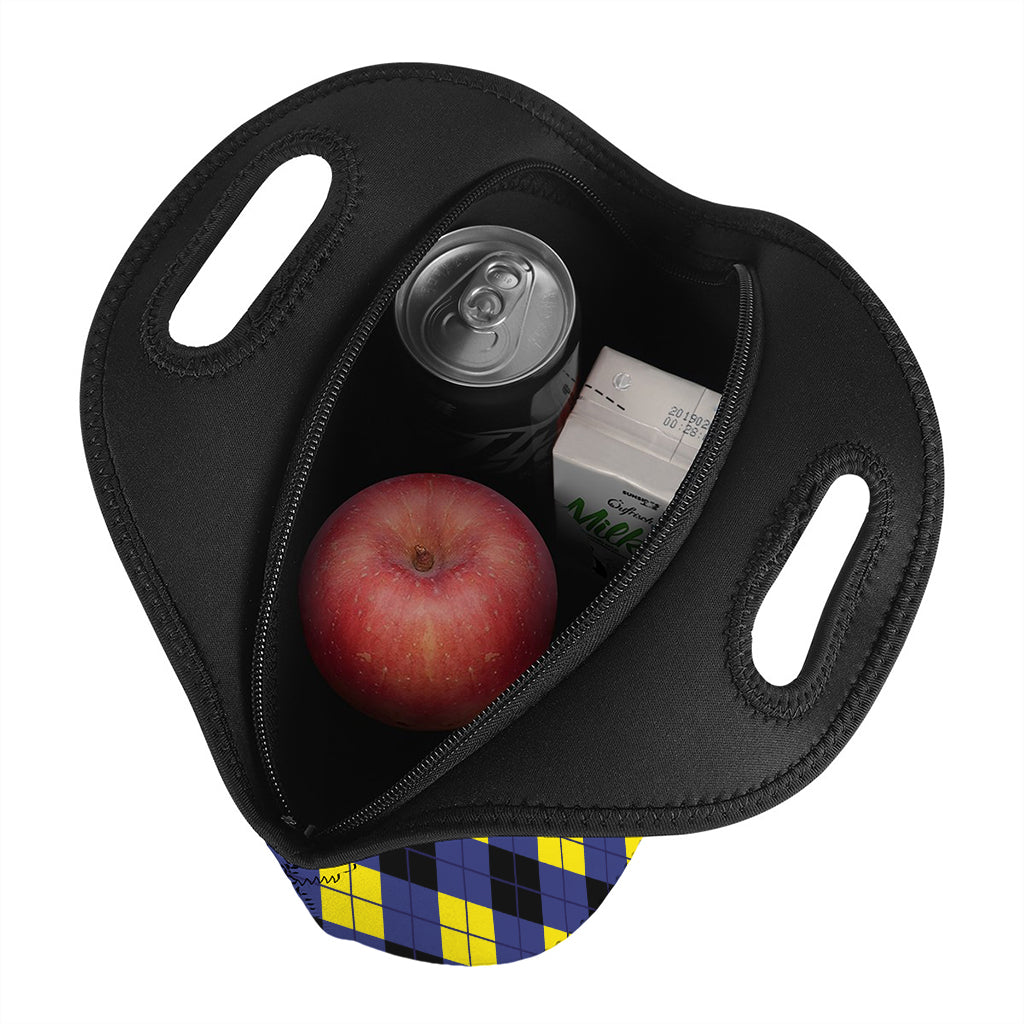 Blue Black And Yellow Argyle Print Neoprene Lunch Bag