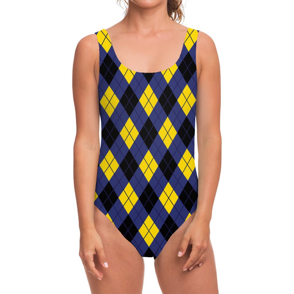 Blue Black And Yellow Argyle Print One Piece Swimsuit