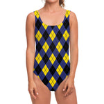 Blue Black And Yellow Argyle Print One Piece Swimsuit
