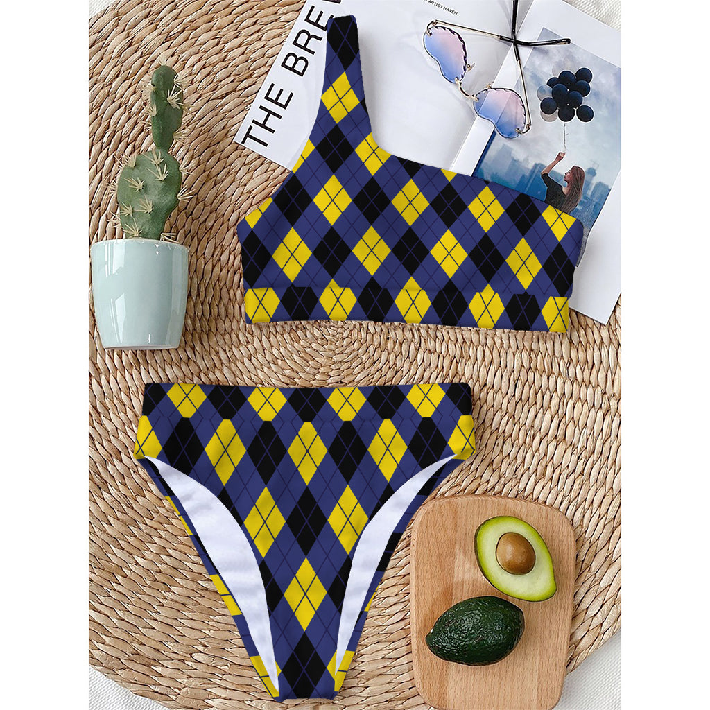 Blue Black And Yellow Argyle Print One Shoulder Bikini Top