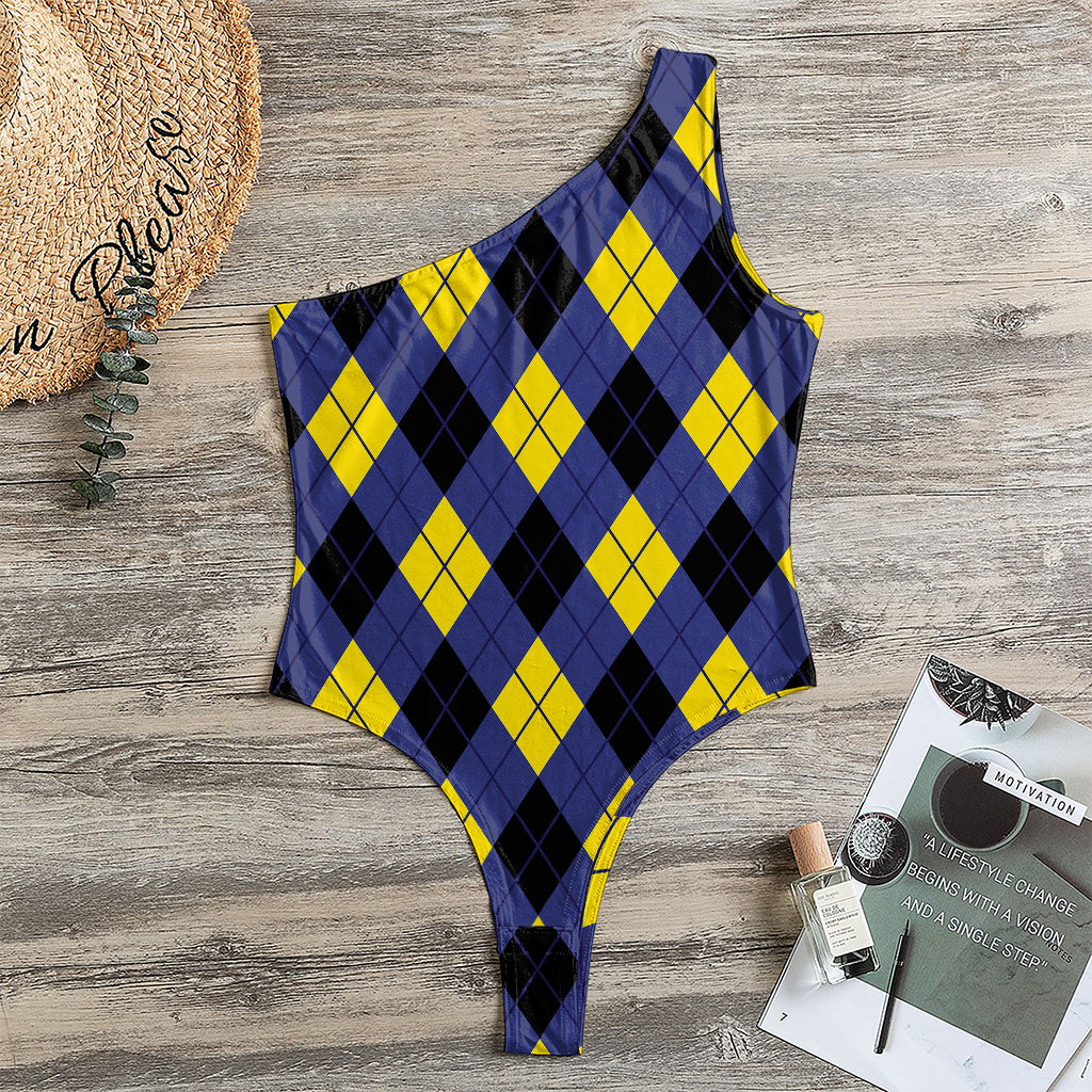 Blue Black And Yellow Argyle Print One Shoulder Bodysuit