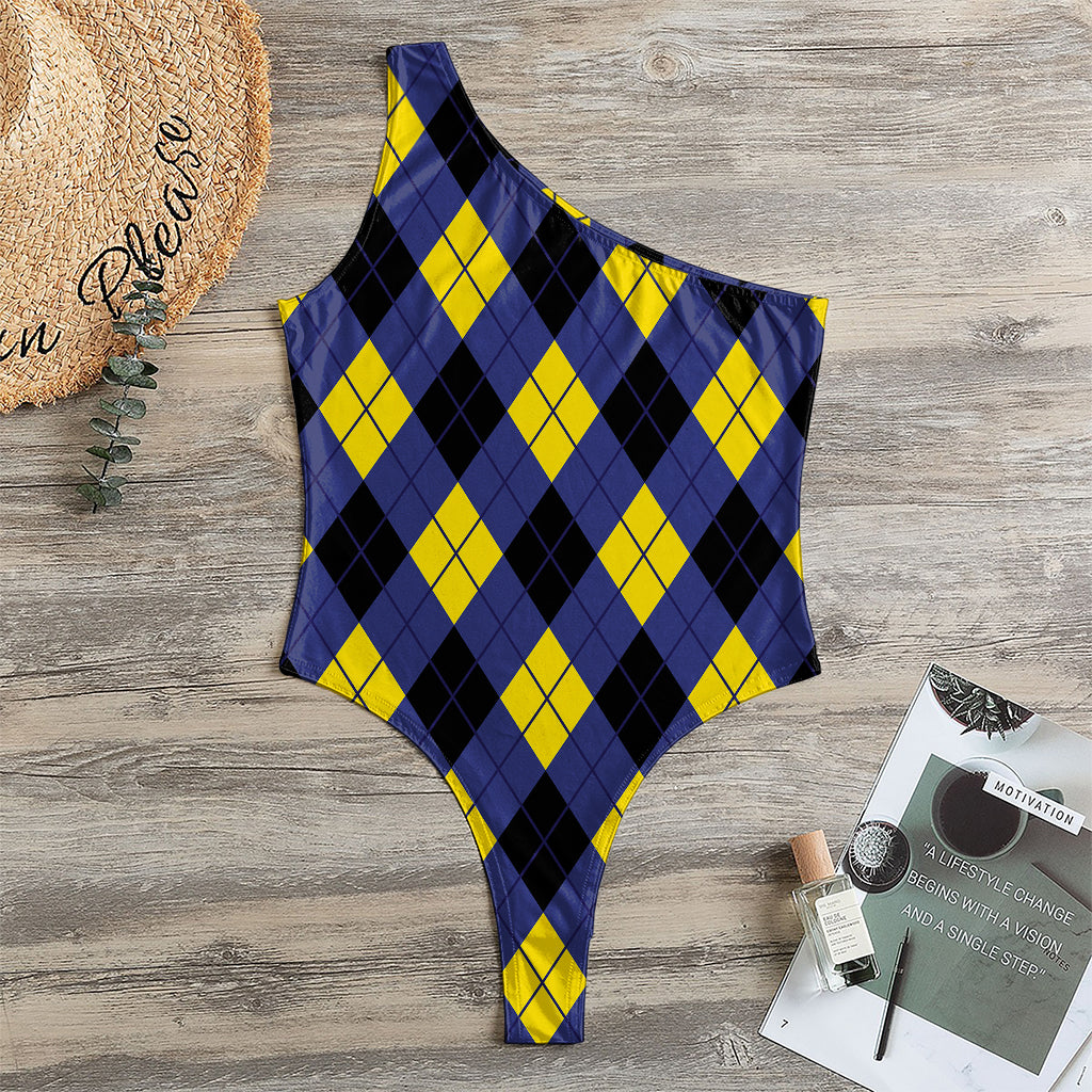 Blue Black And Yellow Argyle Print One Shoulder Bodysuit
