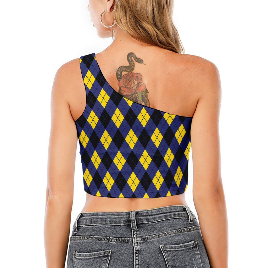 Blue Black And Yellow Argyle Print One Shoulder Crop Top