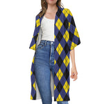 Blue Black And Yellow Argyle Print Open Front Beach Cover Up