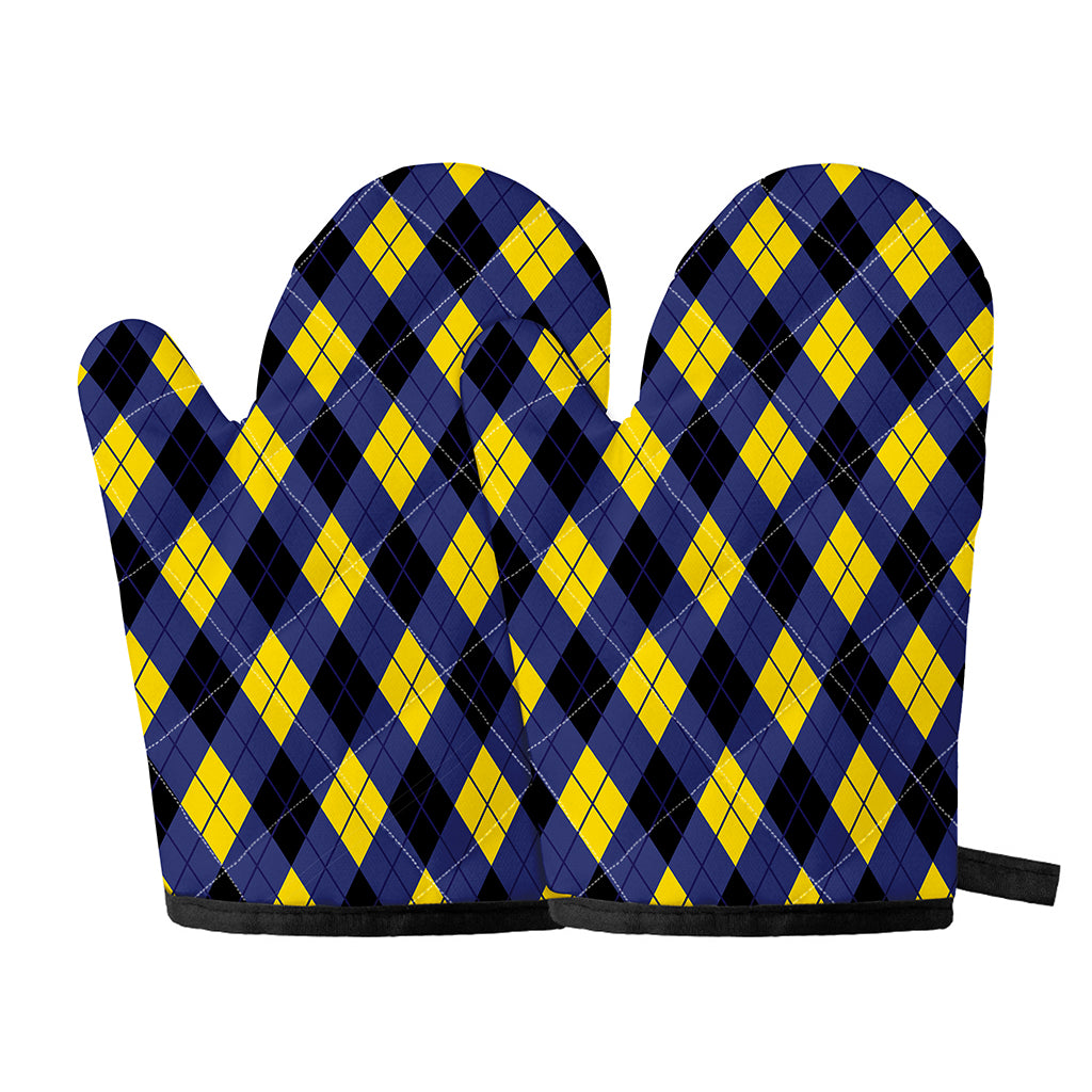 Blue Black And Yellow Argyle Print Oven Mitts