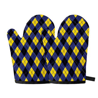 Blue Black And Yellow Argyle Print Oven Mitts