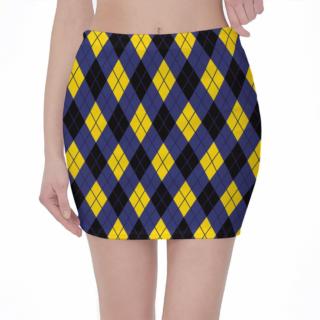 Blue Black And Yellow Argyle Print Pencil Mini Skirt