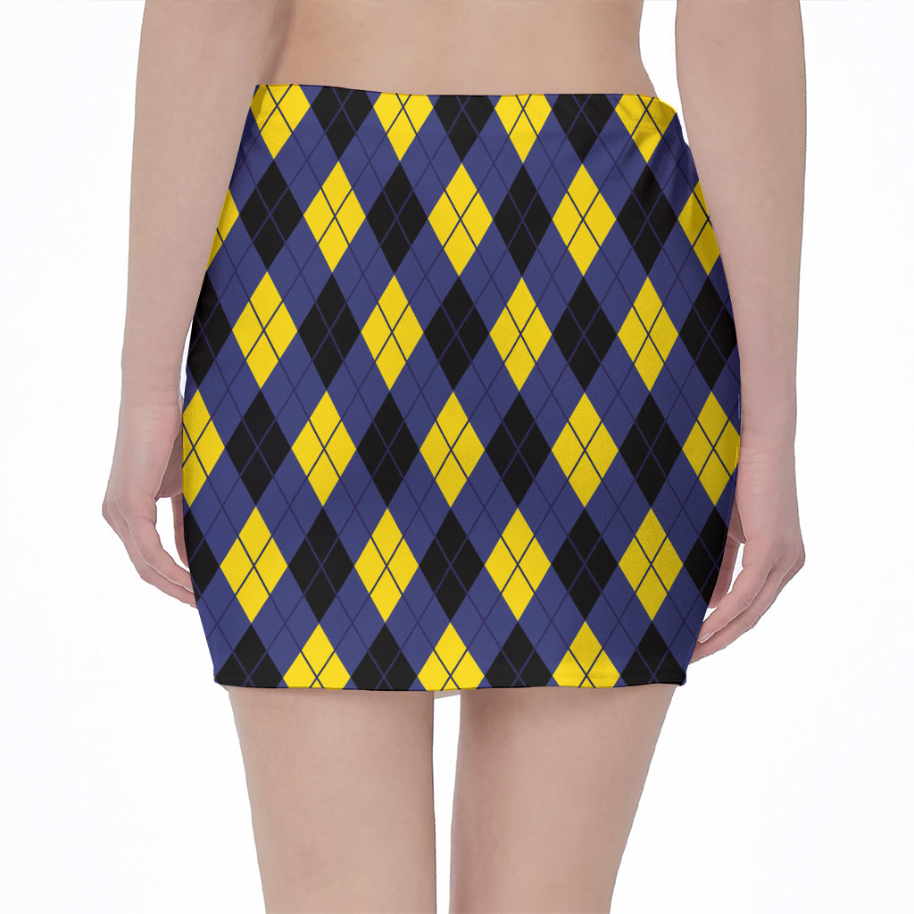 Blue Black And Yellow Argyle Print Pencil Mini Skirt