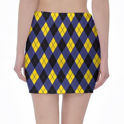 Blue Black And Yellow Argyle Print Pencil Mini Skirt