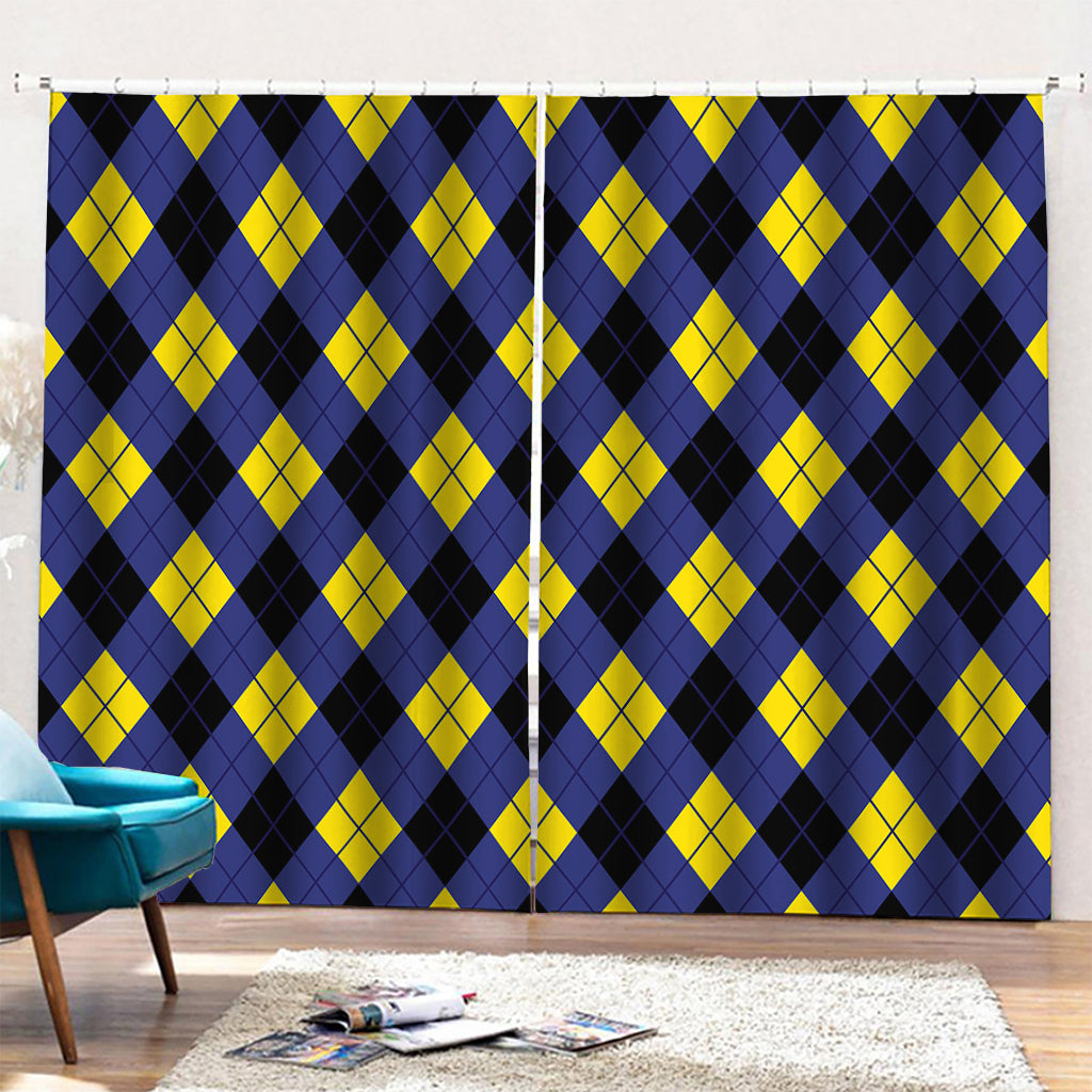 Blue Black And Yellow Argyle Print Pencil Pleat Curtains