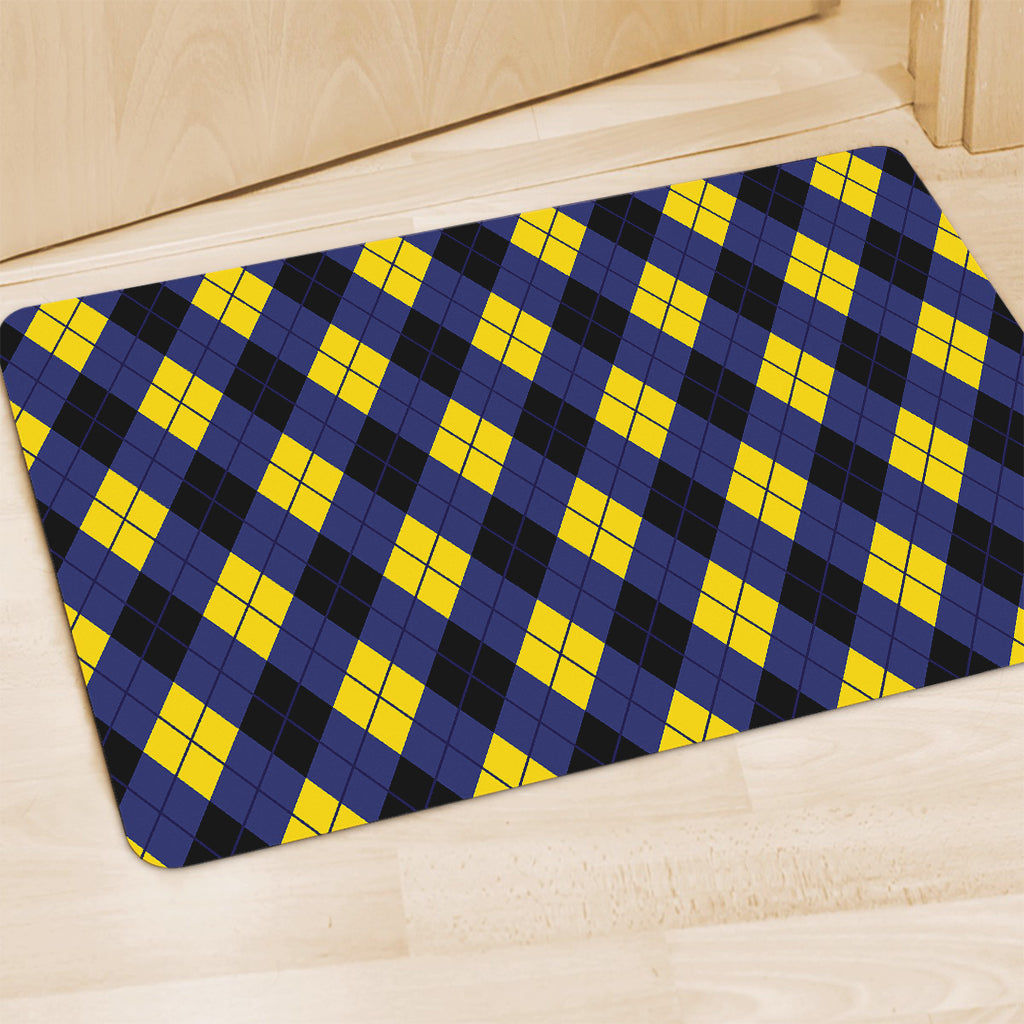 Blue Black And Yellow Argyle Print Polyester Doormat