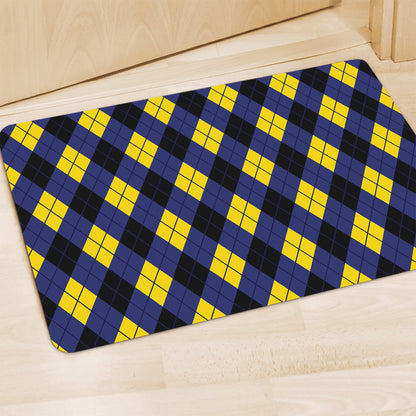 Blue Black And Yellow Argyle Print Polyester Doormat
