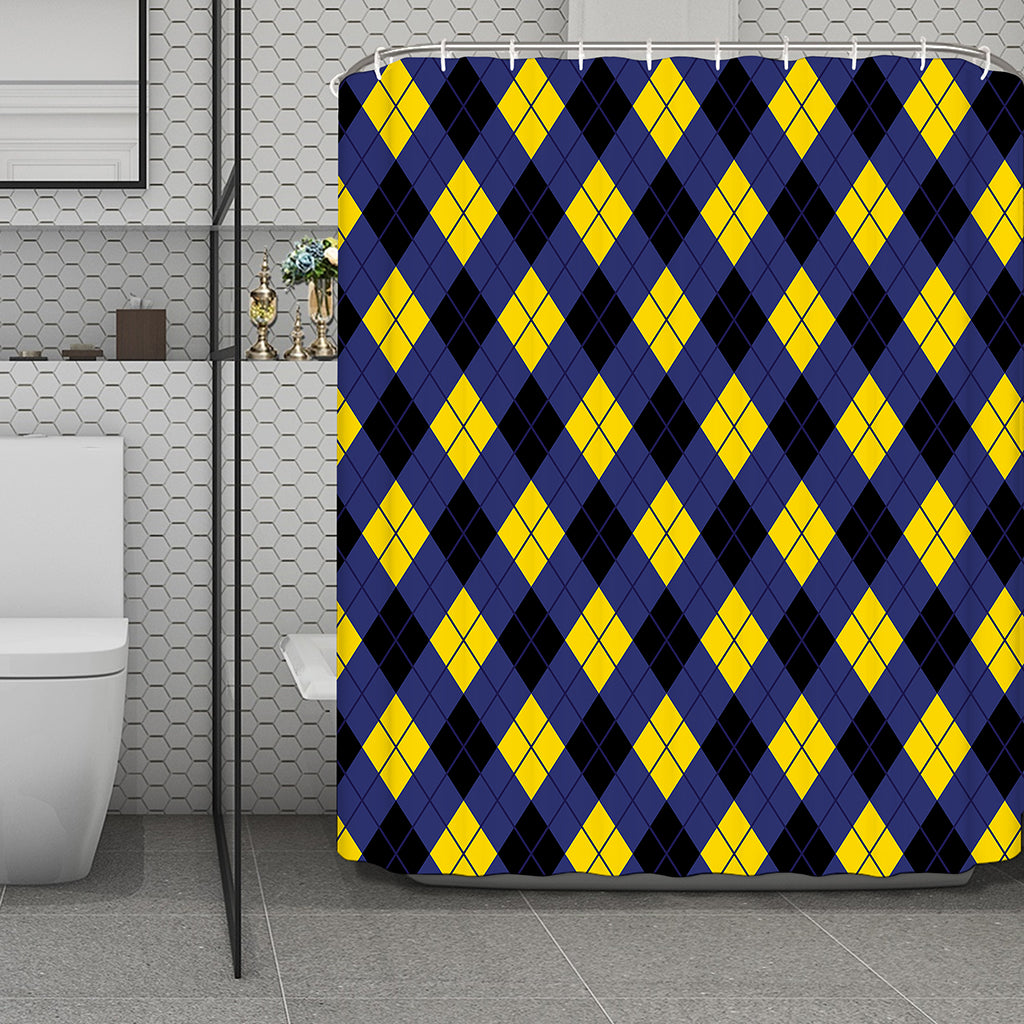 Blue Black And Yellow Argyle Print Polyester Shower Curtain