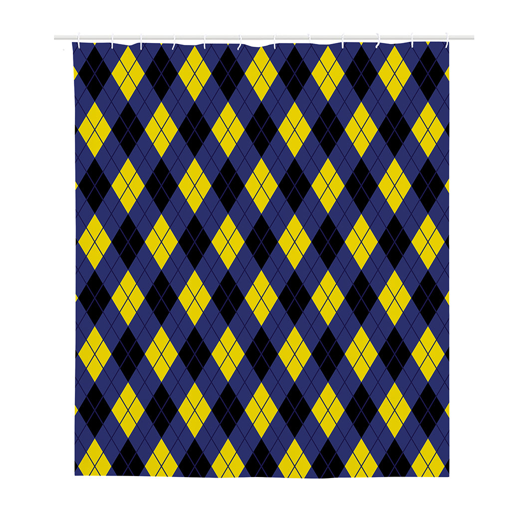 Blue Black And Yellow Argyle Print Polyester Shower Curtain