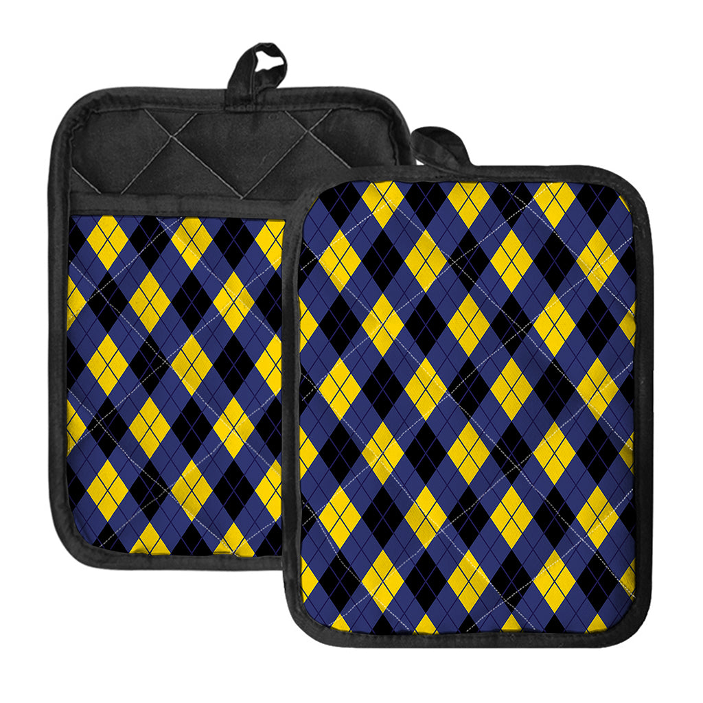 Blue Black And Yellow Argyle Print Pot Holders With Pocket