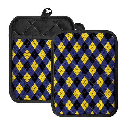 Blue Black And Yellow Argyle Print Pot Holders With Pocket