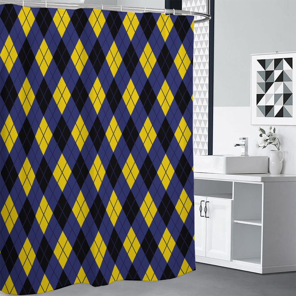 Blue Black And Yellow Argyle Print Premium Shower Curtain