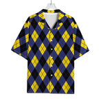 Blue Black And Yellow Argyle Print Rayon Hawaiian Shirt