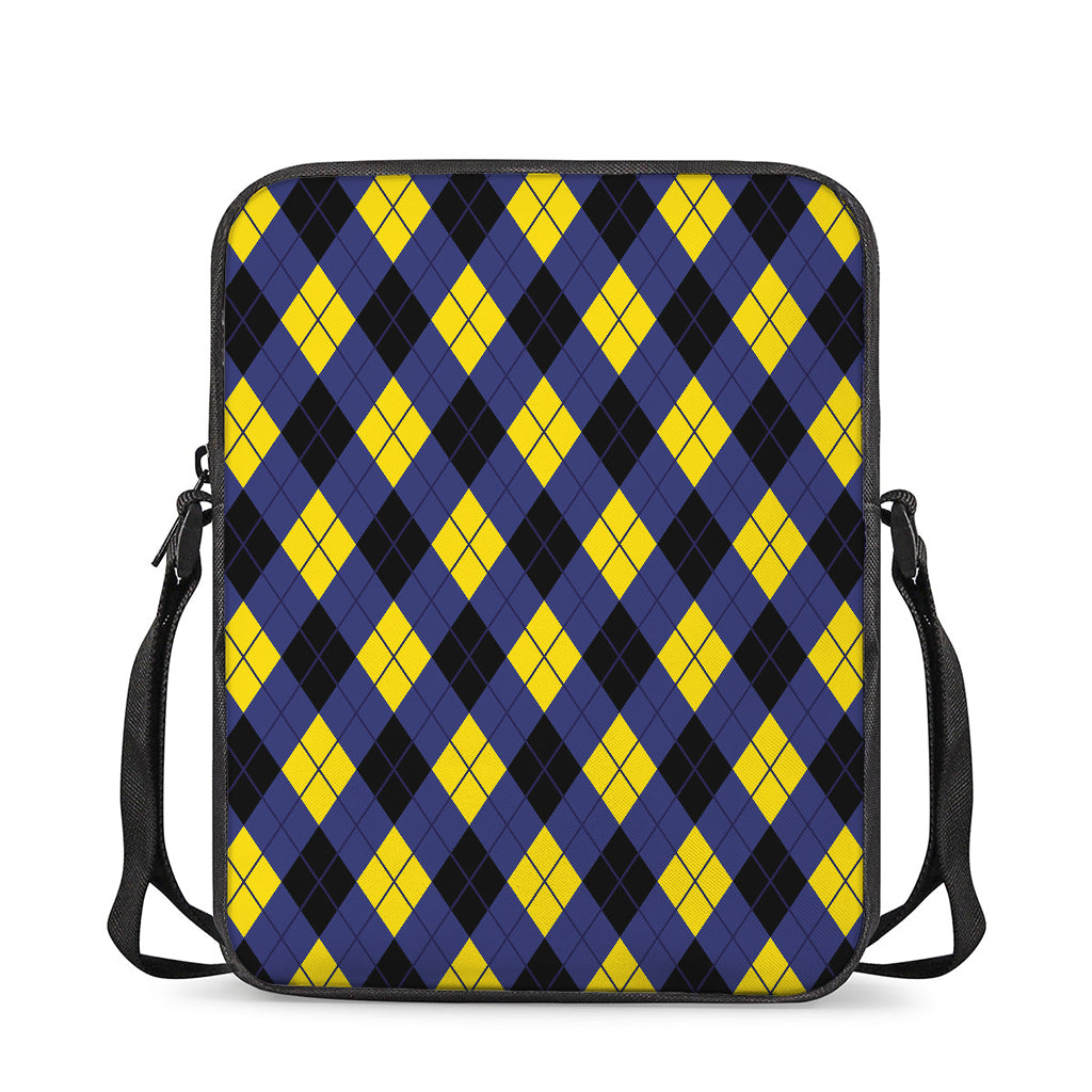 Blue Black And Yellow Argyle Print Rectangular Crossbody Bag