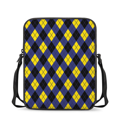 Blue Black And Yellow Argyle Print Rectangular Crossbody Bag
