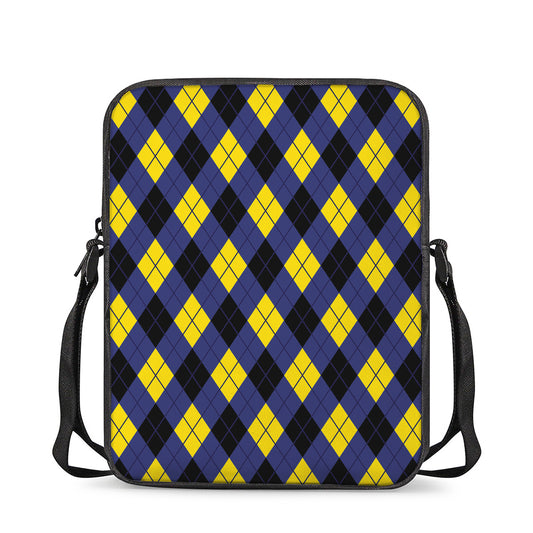 Blue Black And Yellow Argyle Print Rectangular Crossbody Bag