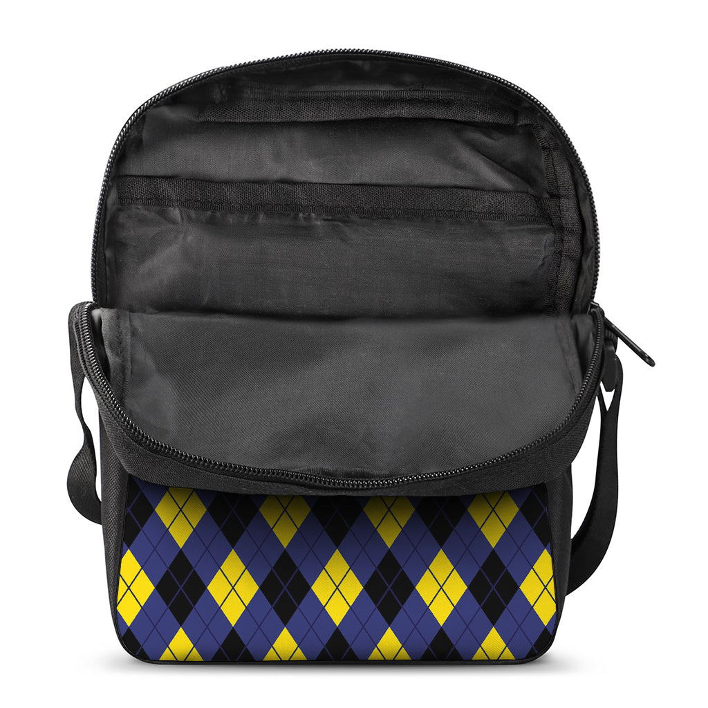Blue Black And Yellow Argyle Print Rectangular Crossbody Bag