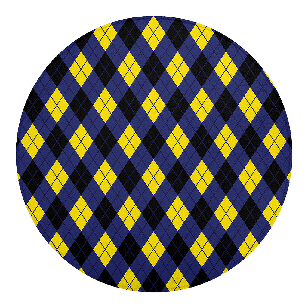 Blue Black And Yellow Argyle Print Round Blanket