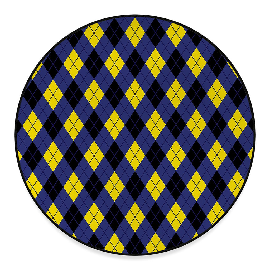 Blue Black And Yellow Argyle Print Round Floor Mat