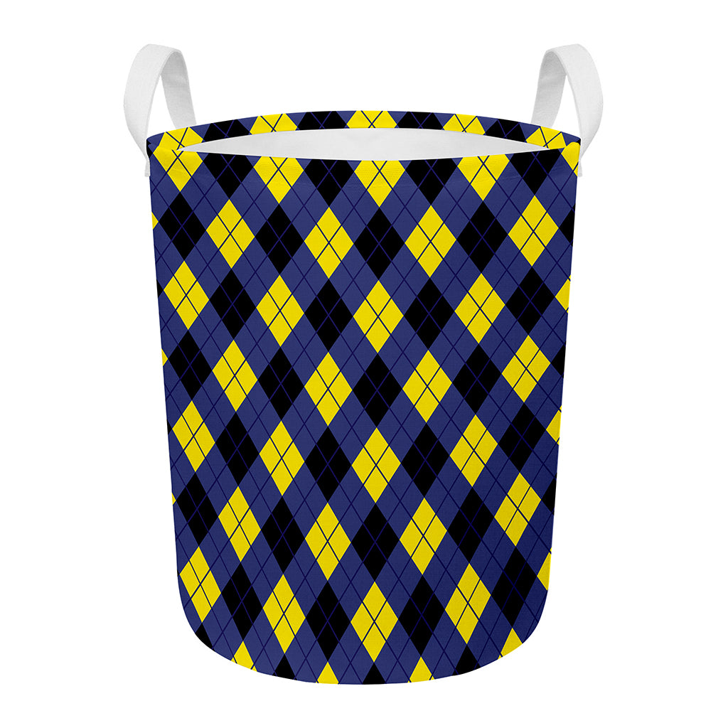 Blue Black And Yellow Argyle Print Round Laundry Basket