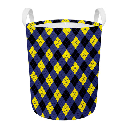 Blue Black And Yellow Argyle Print Round Laundry Basket