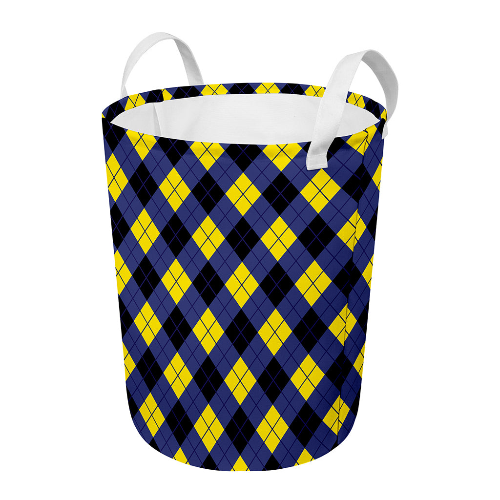 Blue Black And Yellow Argyle Print Round Laundry Basket
