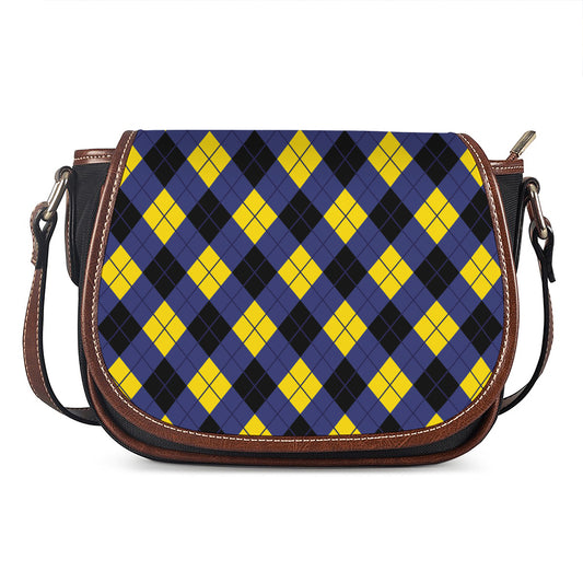 Blue Black And Yellow Argyle Print Saddle Bag