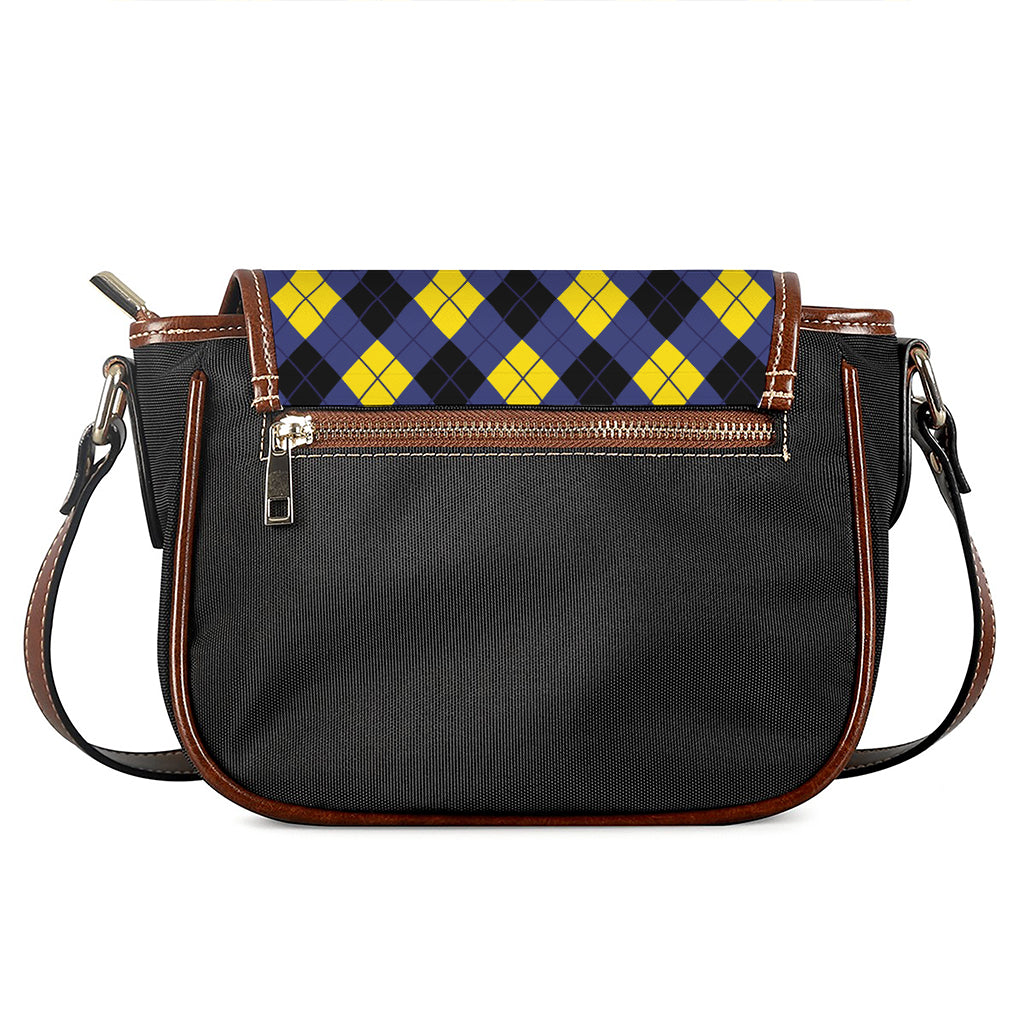 Blue Black And Yellow Argyle Print Saddle Bag