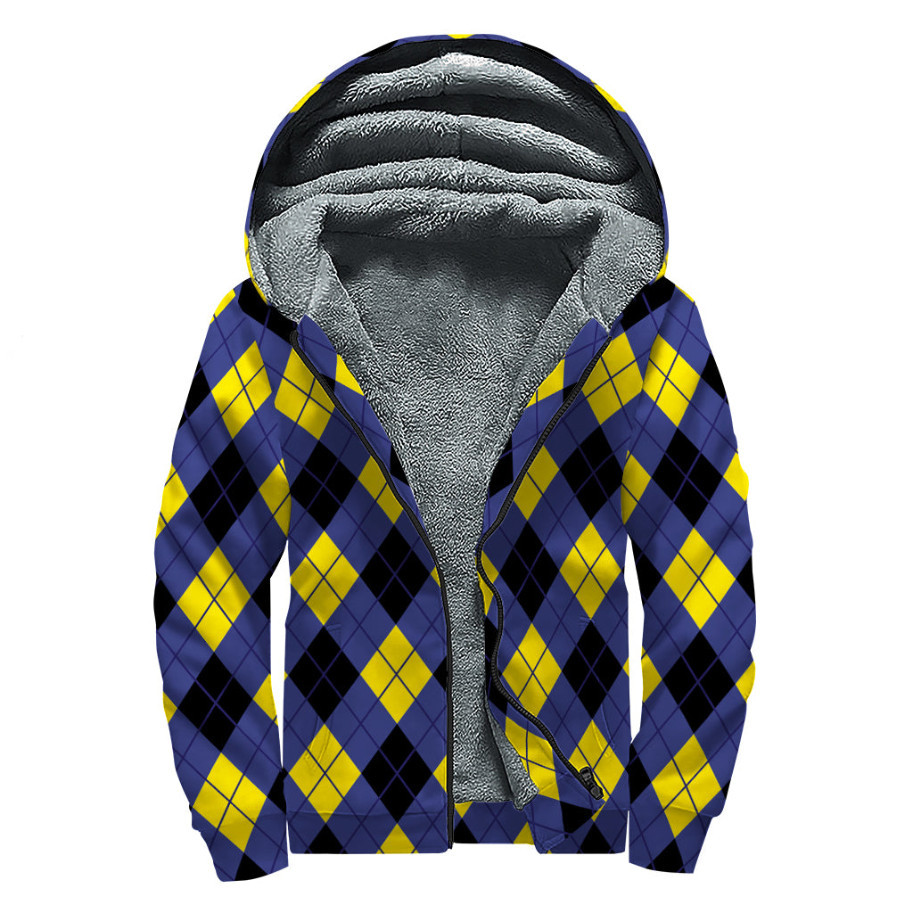 Blue Black And Yellow Argyle Print Sherpa Lined Zip Up Hoodie