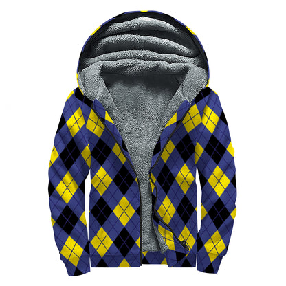 Blue Black And Yellow Argyle Print Sherpa Lined Zip Up Hoodie