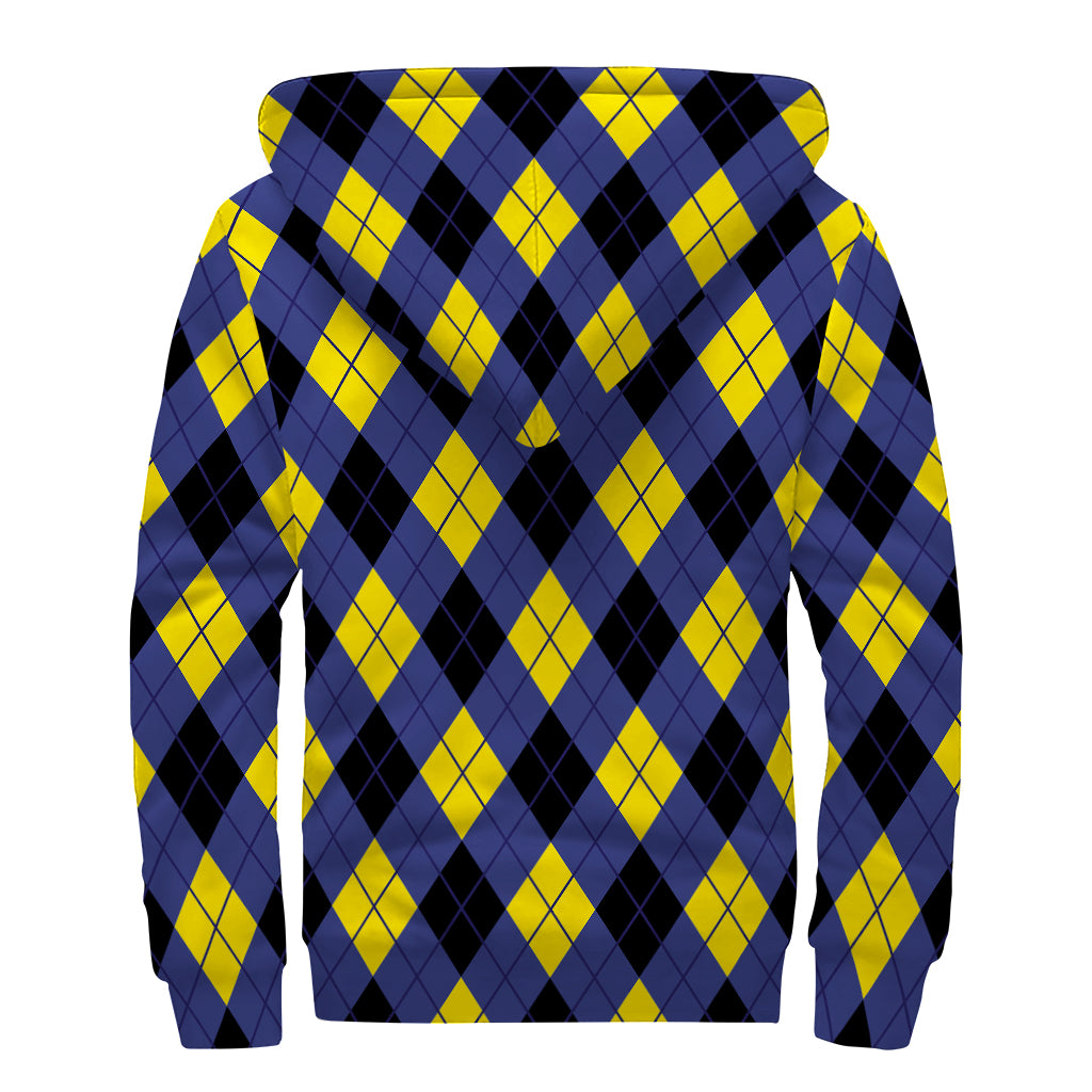 Blue Black And Yellow Argyle Print Sherpa Lined Zip Up Hoodie