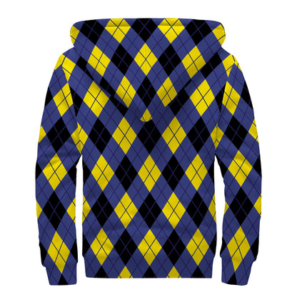 Blue Black And Yellow Argyle Print Sherpa Lined Zip Up Hoodie