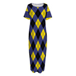 Blue Black And Yellow Argyle Print Short Sleeve Long Nightdress