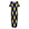 Blue Black And Yellow Argyle Print Short Sleeve Long Nightdress