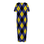 Blue Black And Yellow Argyle Print Short Sleeve Long Nightdress