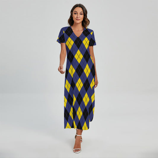 Blue Black And Yellow Argyle Print Short Sleeve Maxi Dress
