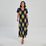 Blue Black And Yellow Argyle Print Short Sleeve Maxi Dress