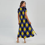 Blue Black And Yellow Argyle Print Short Sleeve Maxi Dress