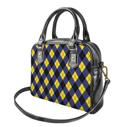 Blue Black And Yellow Argyle Print Shoulder Handbag