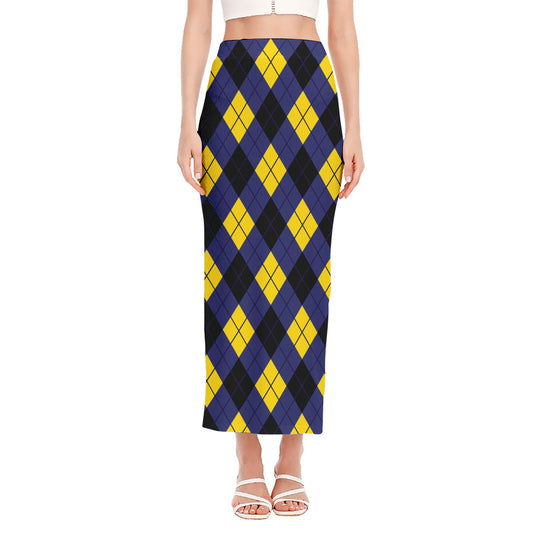 Blue Black And Yellow Argyle Print Side Slit Maxi Skirt