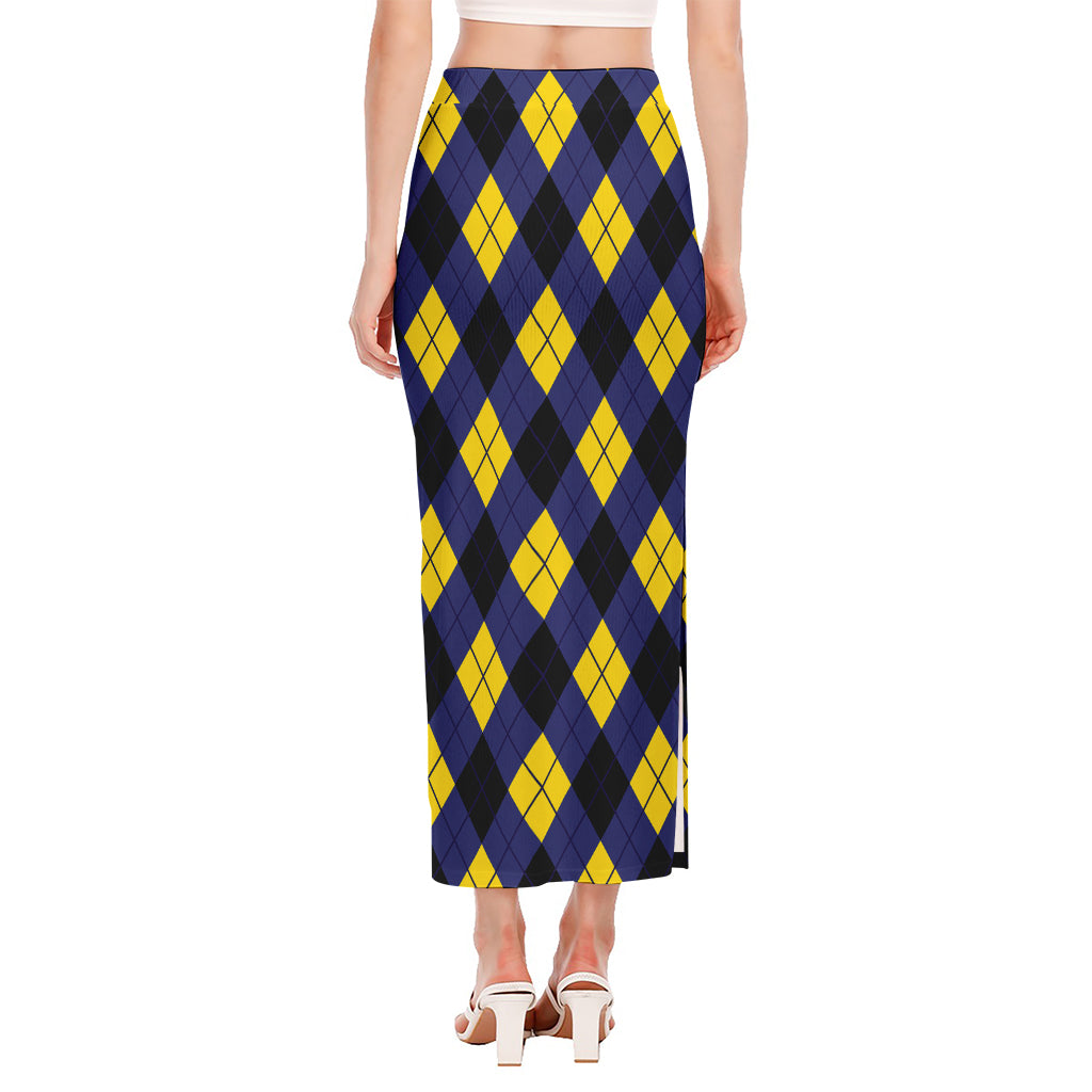 Blue Black And Yellow Argyle Print Side Slit Maxi Skirt