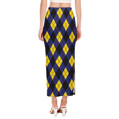 Blue Black And Yellow Argyle Print Side Slit Maxi Skirt