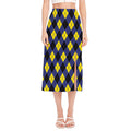 Blue Black And Yellow Argyle Print Side Slit Midi Skirt